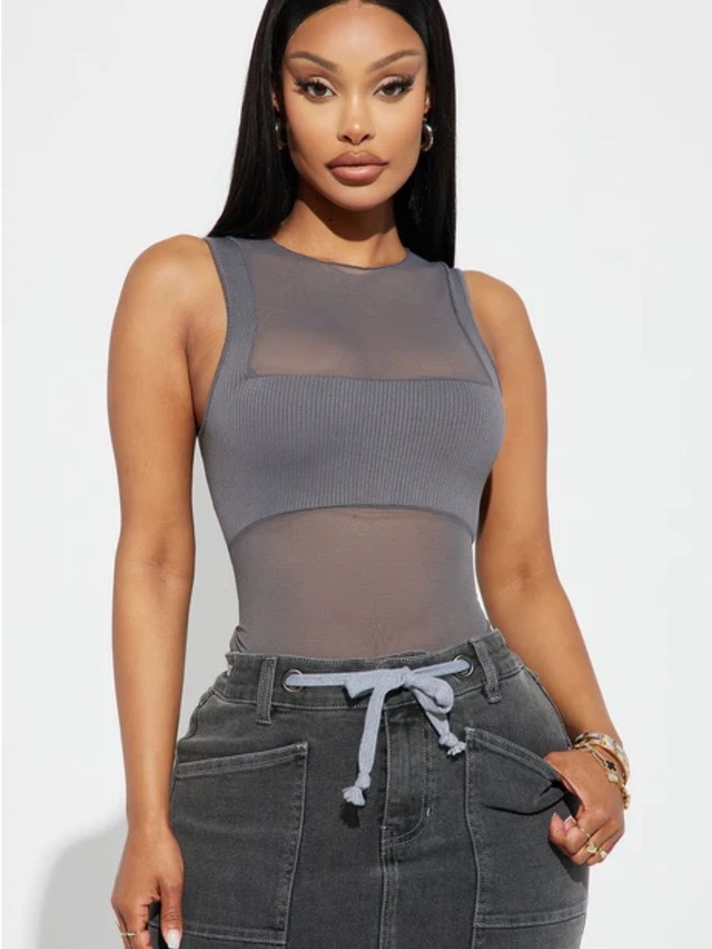 Fashion Nova Gray Sheer Ribbed Tank Bodysuit - Picture 7 of 7